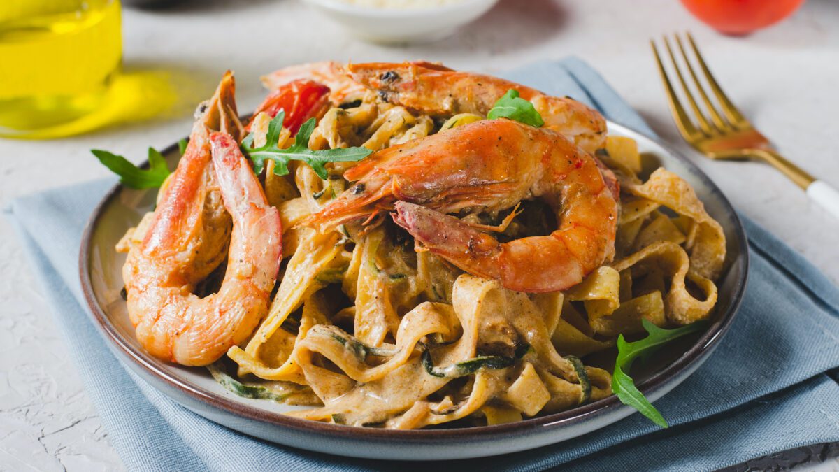 Pasta With Shrimp And Cream Sauce, Italian Cuisine, Mediterranean Food