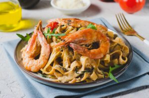 Pasta With Shrimp And Cream Sauce, Italian Cuisine, Mediterranean Food