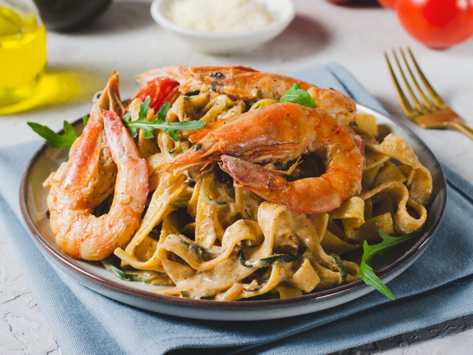 Pasta With Shrimp And Cream Sauce, Italian Cuisine, Mediterranean Food