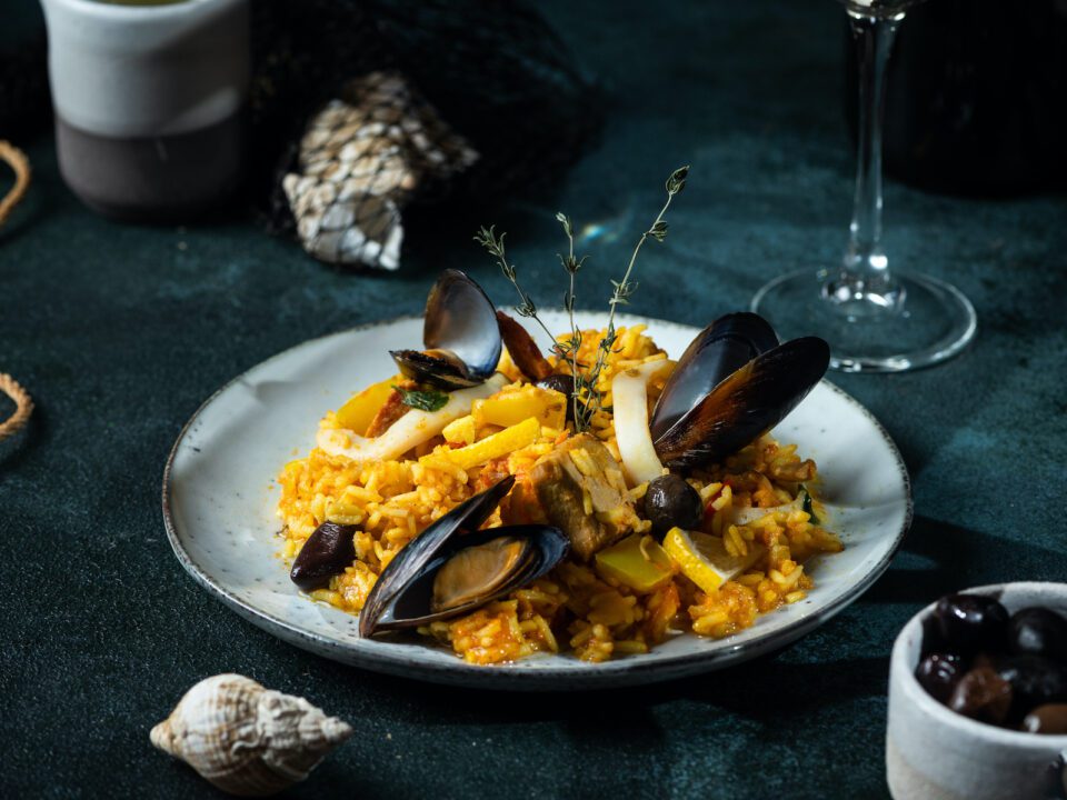 Classic Dish Of Spain, Seafood Paella. Spanish Paella With Shrimps, Clamps, Mussels. Mediterranean C